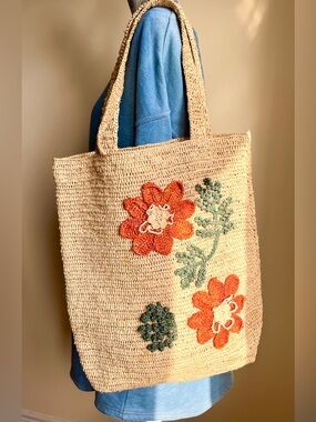 Raffia Crochet Oversized Summer Beach Tote Bag with Floral Design